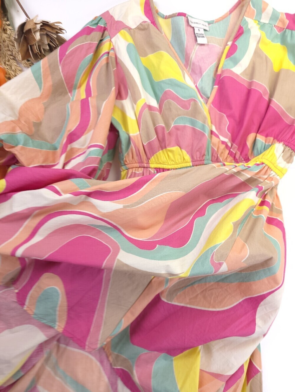 Sincerely Jules Colorful Swirl V-Neck Puff Sleeve Dress S - Picture 6 of 14